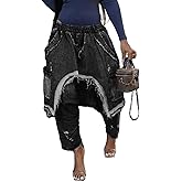 VJMVJM Womens Baggy Harem Jeans Hippie Patchwork Cargo Denim Pants Casual Elastic Waist Wide Leg Jogger Trousers