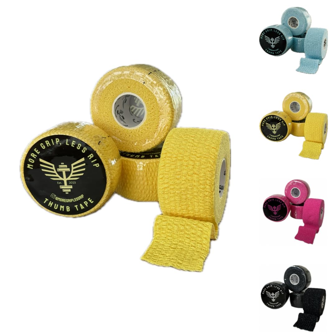 More Grip, Less Rip Thumb Tape, 6.9m, 4 Rolls, for Crossfit Weightlifting Hook Grip Tape Gymnastics, Reduced Rollup, Super Stretchy, Hand Tearable, Latex Free, Hypoallergenic (Yellow)