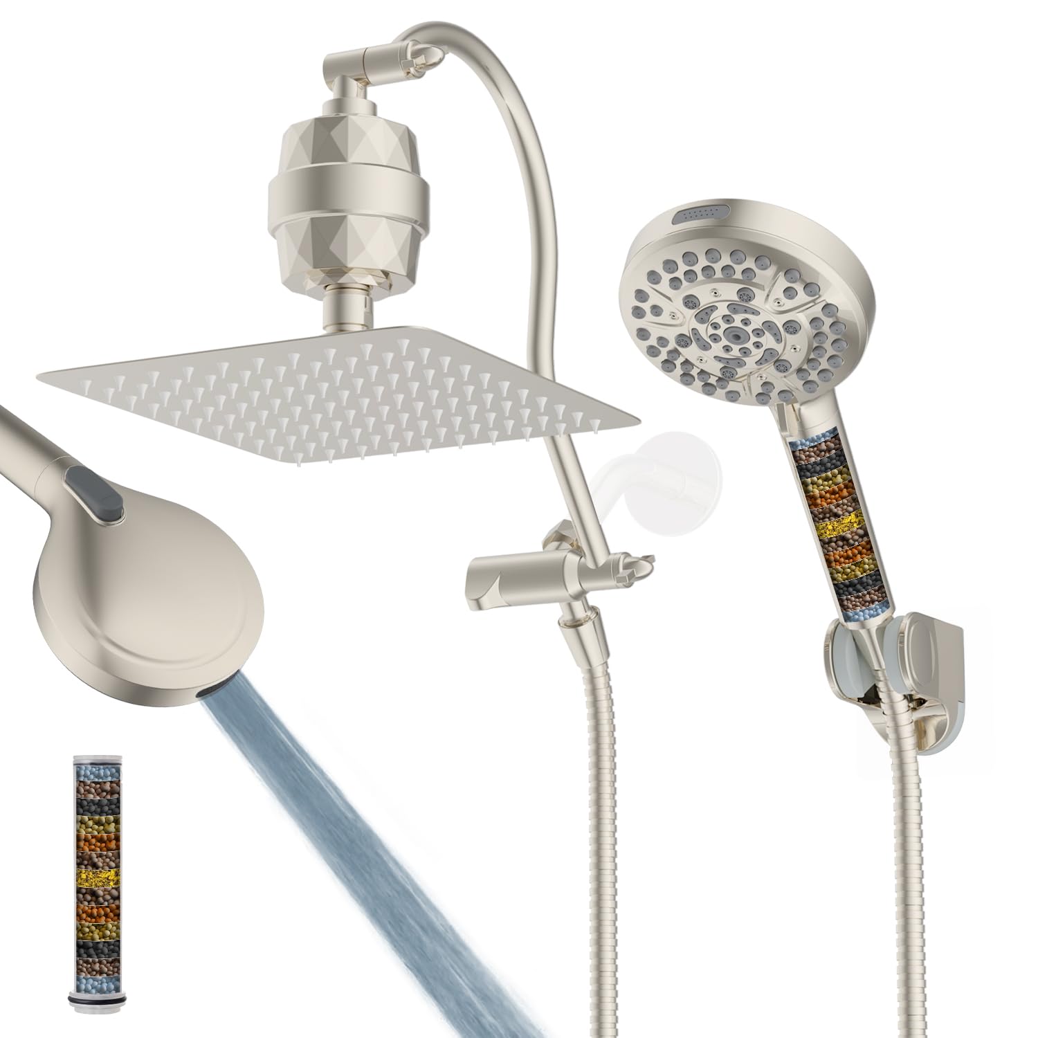 Photo 1 of Hibbent All Metal 10'' Filtered Rainfall Shower Head Combo, High Pressure Handheld Shower Head with 12'' Adjustable Curved Extension Arm, 20 Stage Shower Filter, 10-spray, 71'' Hose, Brushed Nickel