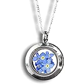 MadamLili 925 Sterling Silver Locket Necklace | Real Forget-Me-Not Flowers | Vintage Jewelry | Memorial Necklace | Meaningful Gift for Mom & Daughter | Flower Pendant Necklace
