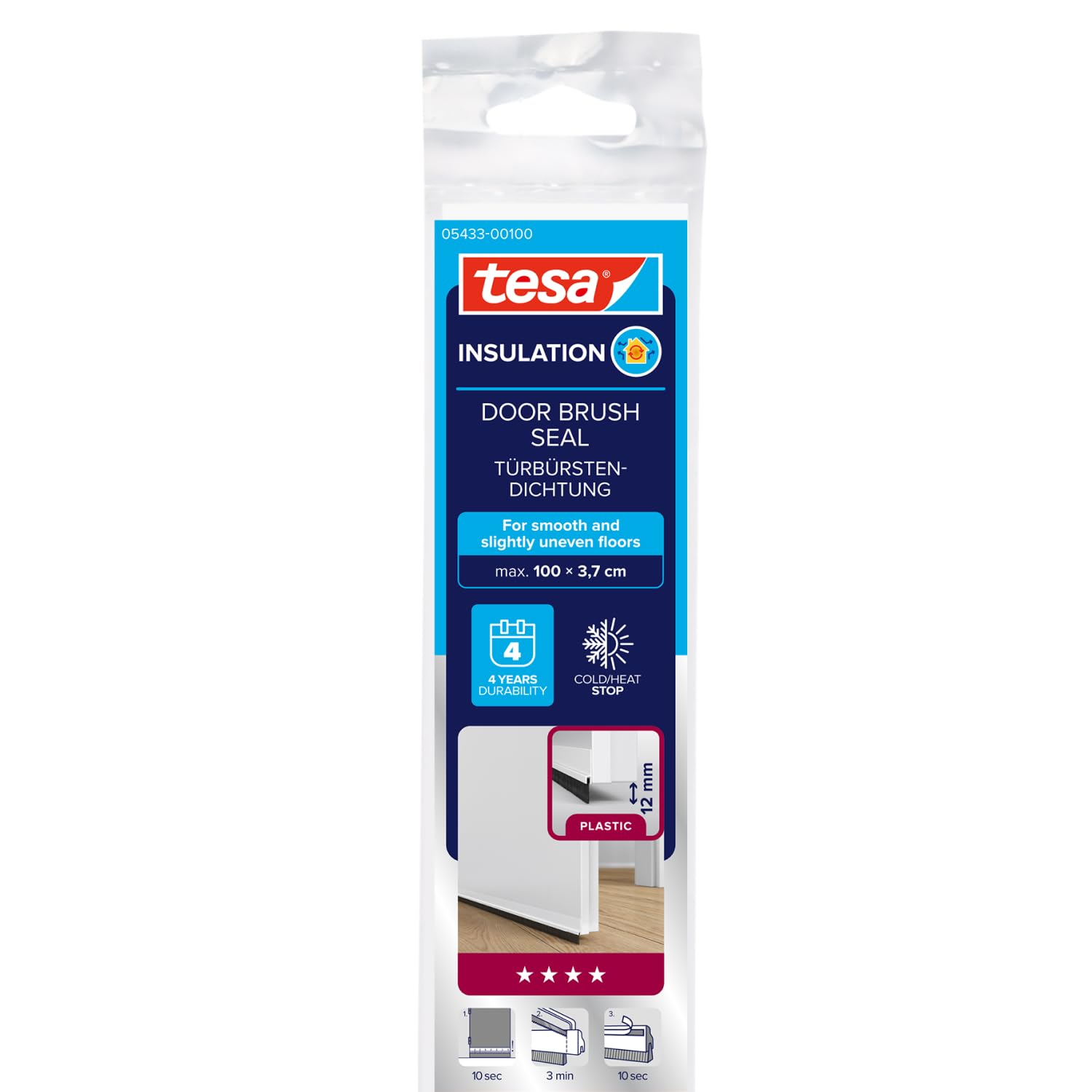 tesa INSULATION Door Brush Seal for Smooth floors - Self-adhesive door Seal to protect against draughts - White - with brush Seal up to 12 mm