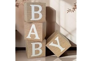 SKTMH 4Pcs Baby Boxes with Letters, Baby Shower Brown Blocks with Printed "BABY" Letters Burlap Grain Baby Cubes Blocks Rusti