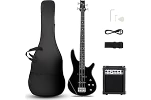 Ktaxon Electric Bass Guitar 4 String Bass Guitar with 20 Watt Amplifier, PJ Type Pickup, Naturally air-dried Maple Neck, Rosewood Fretboard, Basswood Body(Black)