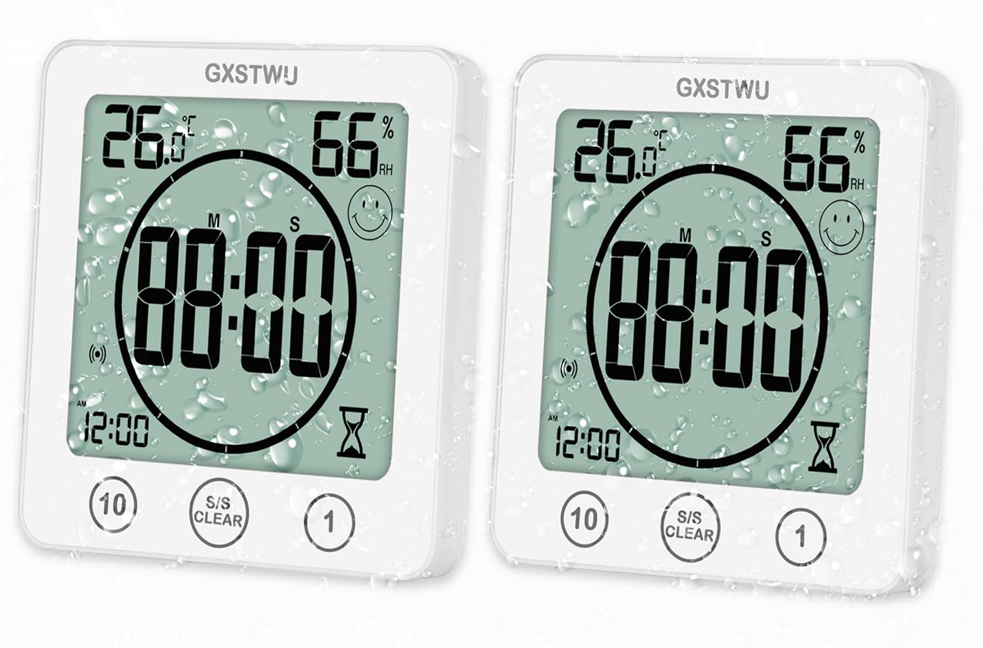 GXSTWU 2Pcs Digital Bathroom Clock Shower Timer with Alarm, Waterproof Clocks for Bathroom Kitchen Thermometer Hygrometer Wall Clock with Suction Cup Hanging Hole Magnet (2packs)