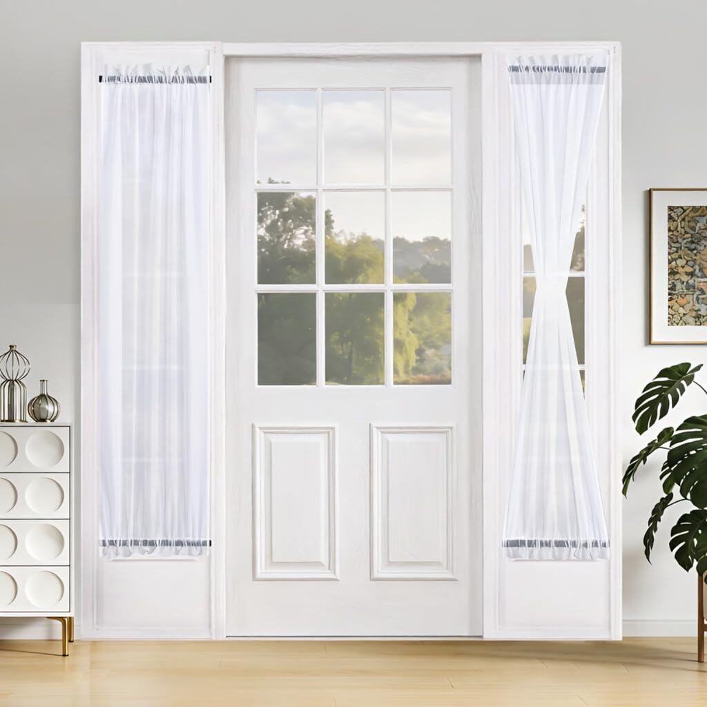 Aquazolax Sheer French Door Voile Curtain Panel, Polyester & Polyester Blend, Ecru, 2 Panels, 25" W x 72" L