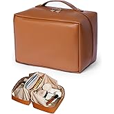 WecMec Travel Makeup Bag Large Capacity Cosmetic Bags Flat Open Make up Bag with Multiple Compartments Portable Toiletry Bag Waterproof PU Leather Pouch for Women Beauty & Travel Essentials (Brown)
