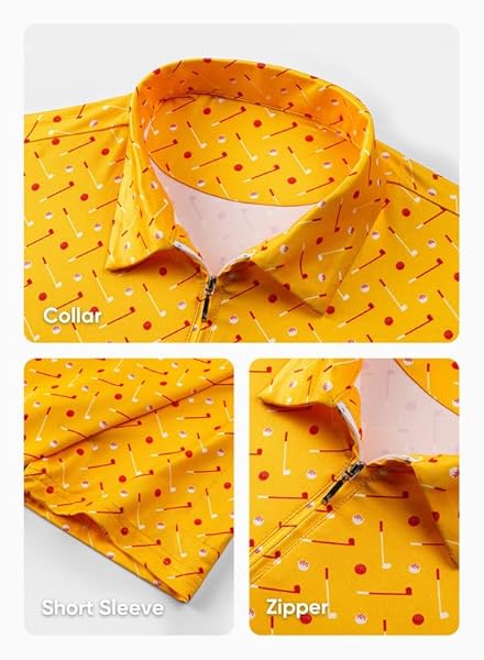 JMIERR PREMIUM GOLF SHIRTS FOR MEN MOISTURE WICKING QUICK DRY PRINT PERFORMANCE ZIPPER COLLARED POLO SHIRT, S, YELLOW