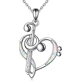 POPLYKE Sterling Silver Flute Opal Heart Pendant Necklace Music Lovers Gifts Jewelry for Women Her