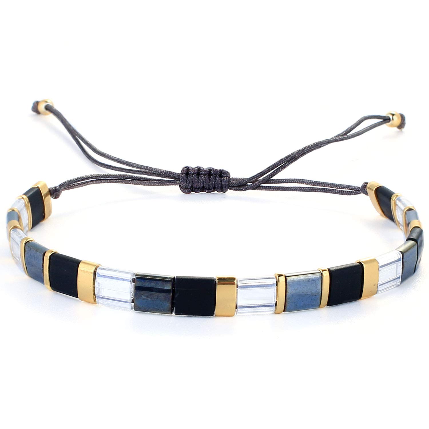 KELITCH Colorful Friendship Stretch Bracelets Candy Miyuki Beads Bracelets Adjustable Mixed Strand Jewelry - Black 01E