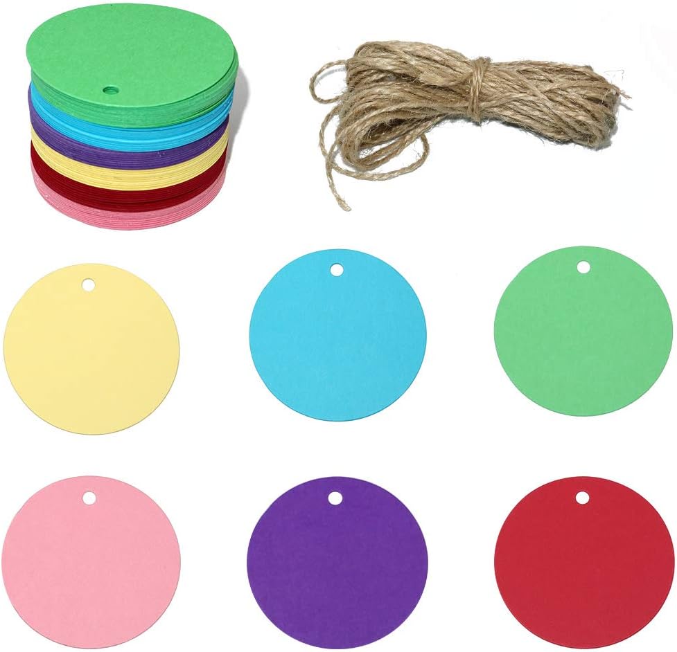 jijAcraft 100Pcs Colourful Round Gift Tags, 5.5cm Blank Marking Paper Labels with String for Wedding Party Baby Shower Favours(5 Colours)