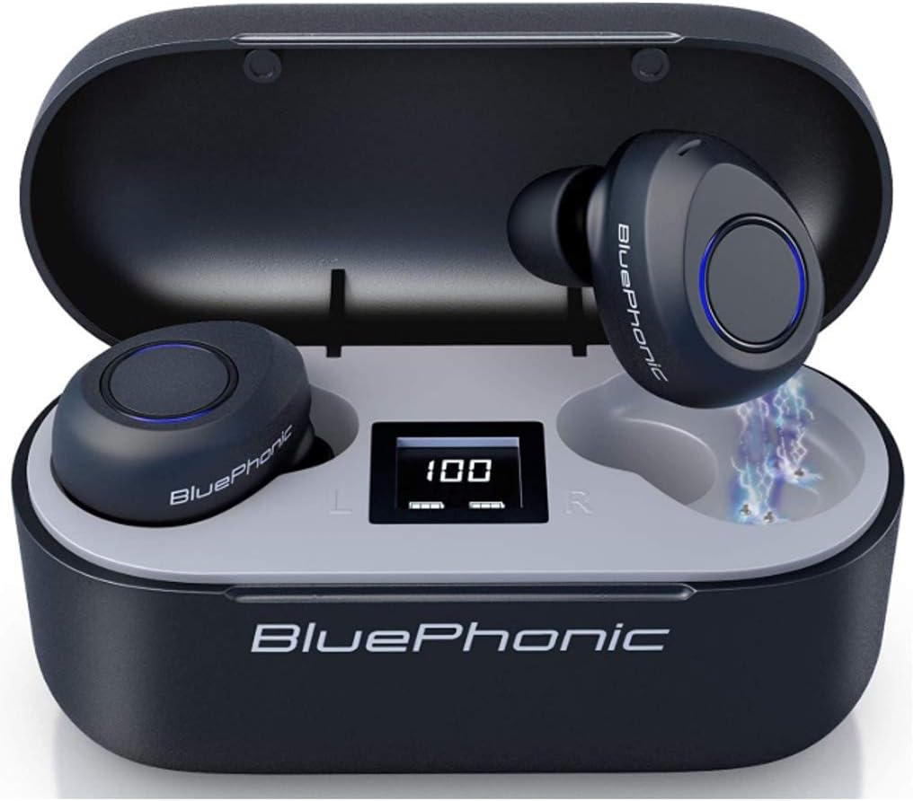 Bluephonic True Wireless Earbuds, CVC 8.0 Noise Reduction, Bluetooth 5.0 aptX HiFi Sound in Ear Totally Wireless Earphones, 32Hr Play Auto Pairing IPX7 Sweatproof Sport Headset, Built in Mic for Calls