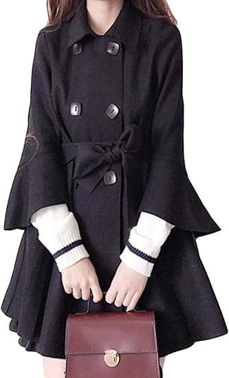 Amazon Bestmood レディース トレンチコート 長袖 ゆったり 日系 ダッフルコート ベルト付き シンプル コートミドル丈 裾フレア かわいい アウター 森ガール 学院風 通学 秋 Freesize黒 コート ジャケット 通販