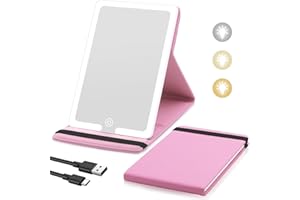 SUUPVAOR Travel Mirror with Light, PU Leather Cover Vanity LED Lighted Makeup Mirror with Lights, Rechargeable 1500mAh Battery, 3-Color Light Modes Dimming Light Up Mirror 8X 5.5inch for Travel, Home, Office