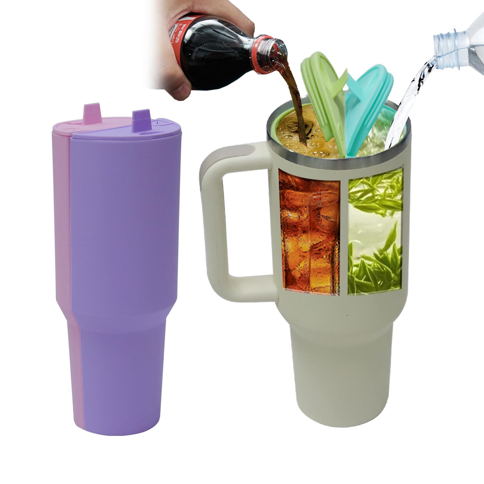 Photo 1 of 2-in-1 Drink Separator Silicone Liner for Stanley Cup 30oz, Double Beverage Divider Insert with Lid, Deep Purple & Deep Pink