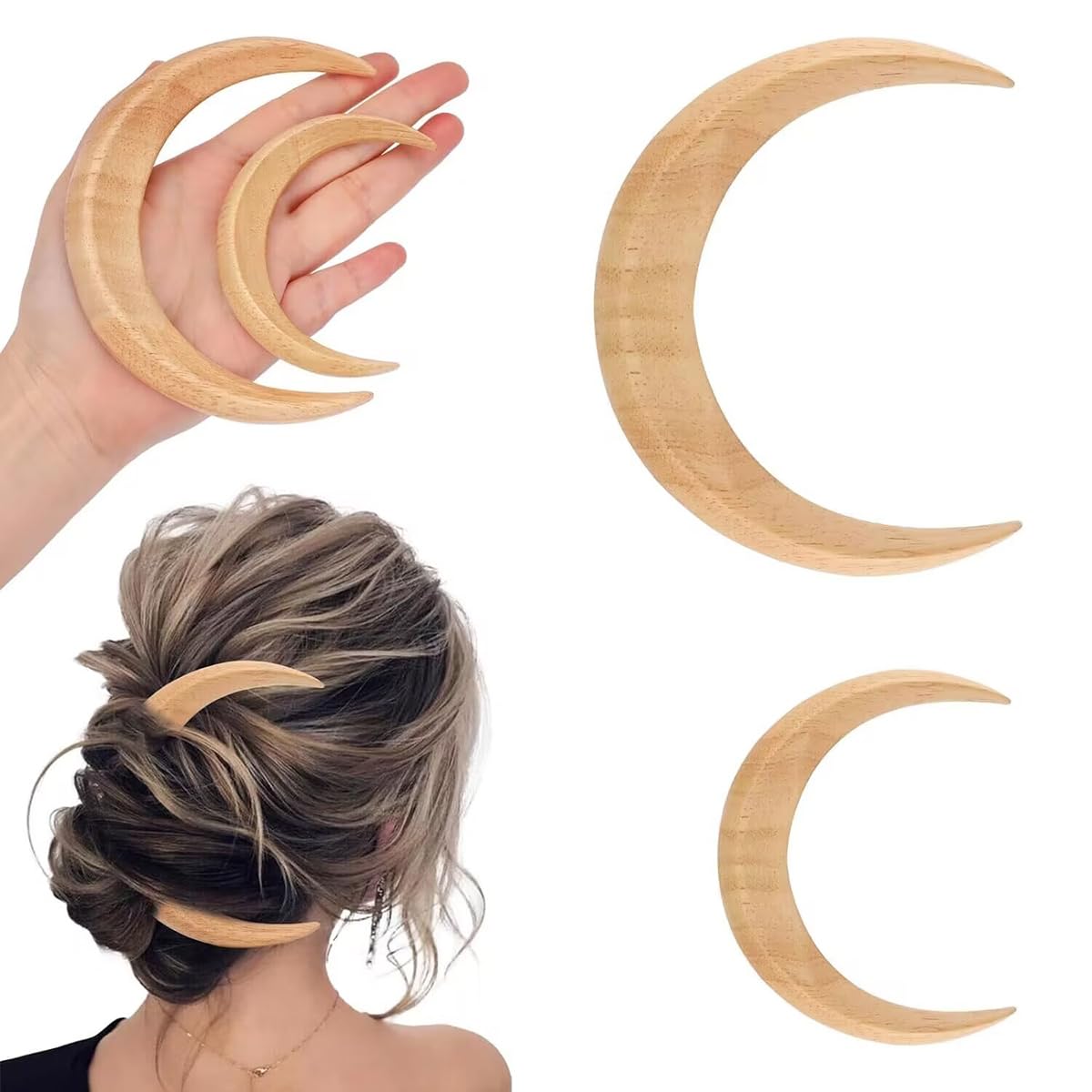 Hsthe Sea 2 Pieces Hand Carved Crescent Moon Hair Clips, Women's Moon Hairpins, Moon Hairpins, Moon Hair Accessories, Wooden Moon Hair Clips, Lightweight Hair Styling Tools Accessories for Long Hair