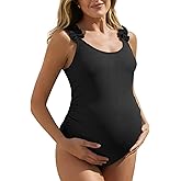 Summer Mae Ribbed Maternity One Piece Swimsuit Ruffle Wood Ears Bathing Suit Scoop Neck Pregnancy Swimwear