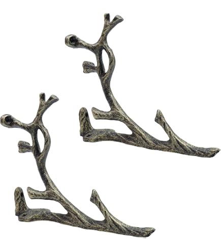 2-Pack Vintage Tree Branch Shelf Brackets – Antique Bronze Cast Iron, Heavy Duty With Hooks, For Rustic Home Decor & Shelving