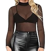 RITERA Plus Size Sheer Mesh Tops for Women Long Sleeve Sexy Glitter Shirts See Though Mock Neck Party Club XL-5XL
