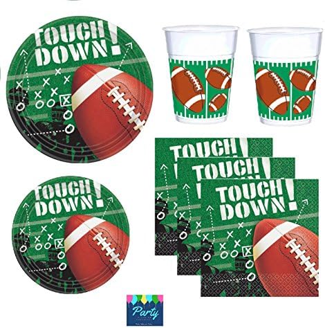 Football Party Supply Pack for 25 Guests Including Plates Napkins and Large Plastic Drinking Cups