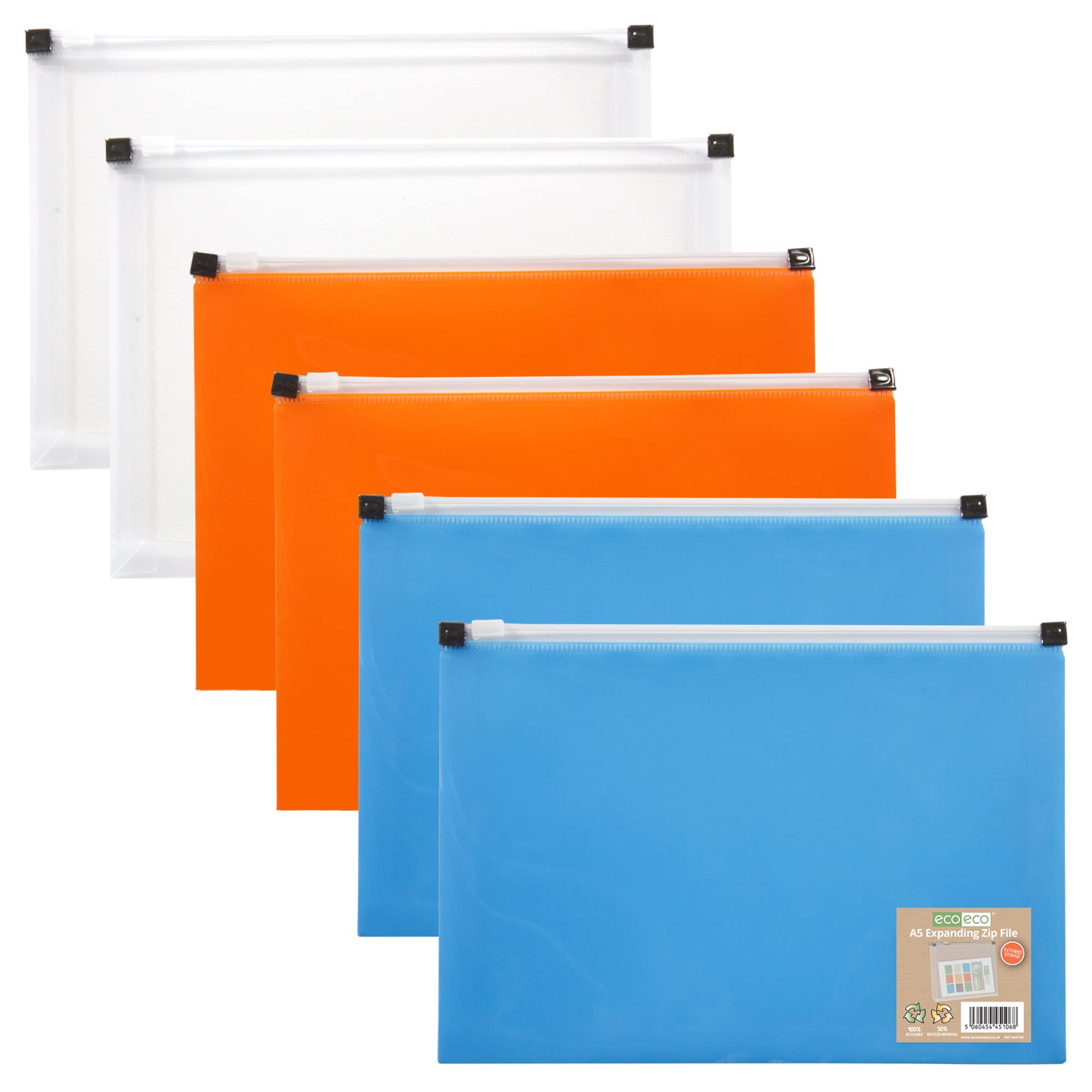 eco-eco A5 50% Recycled Expanding Zipper Expanding File Wallet,Clear, Orange, Blue (Pack of 6),eco106x6