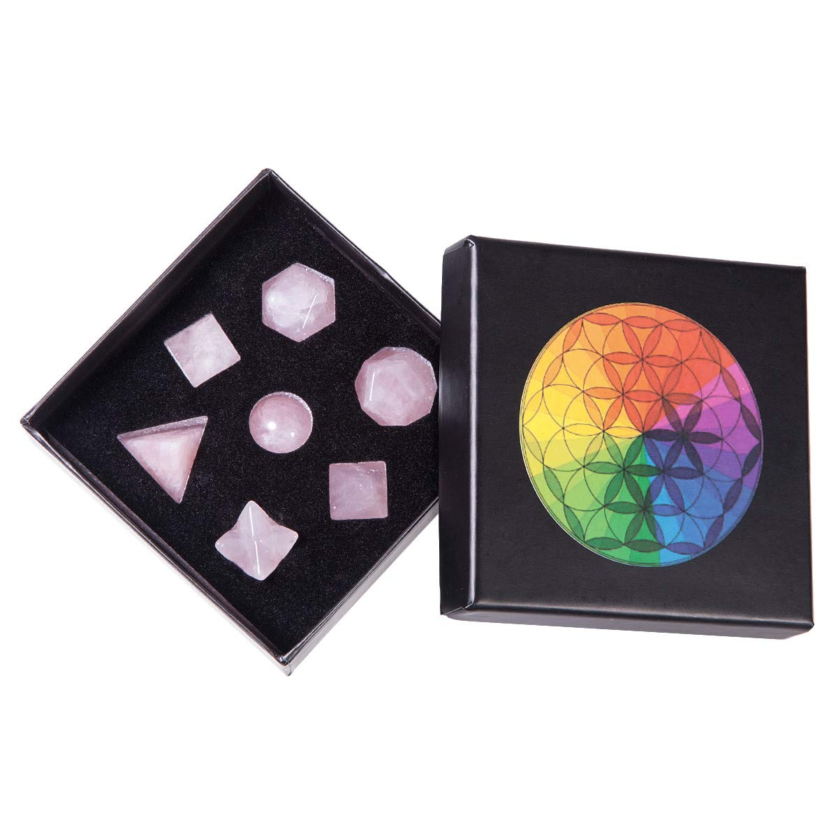 mookaitedecor Natural Rose Quartz Platonic Solids Crystal Gift Set Sacred Geometry Healing Crystal Set with Merkaba Star for Meditation Reiki Chakra Wiccan Supplies Decor Witchcraft Spiritual Gift