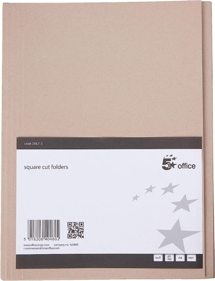5 Star Office Square Cut Folder Recycled Pre-punched 250gsm A4 Buff [Pack 100]