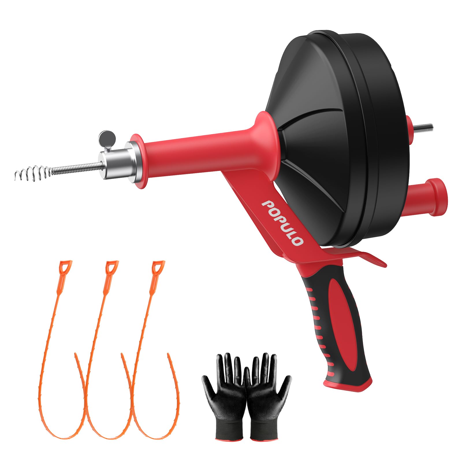 Photo 1 of POPULO Drain Auger, 25 Ft Plumbing Snake Clog Remover with Glove and Snake Drain Drill Attachment, 3/4"-2" Pipe Snake Hair Drain Clog Remover Tools for Shower, Bathtub, Sink, Kitchen, Sewer