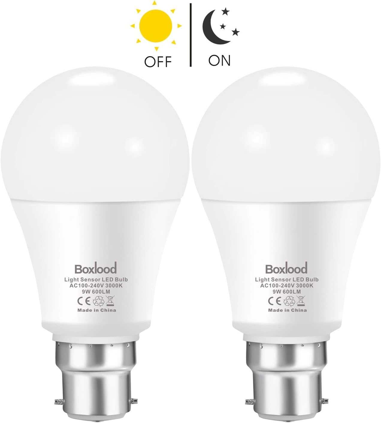 Boxlood Dusk Till Dawn Light Bulbs, 3000K Warm White, 9W 60W Equivalent, B22 Energy Saving Light Bulbs
