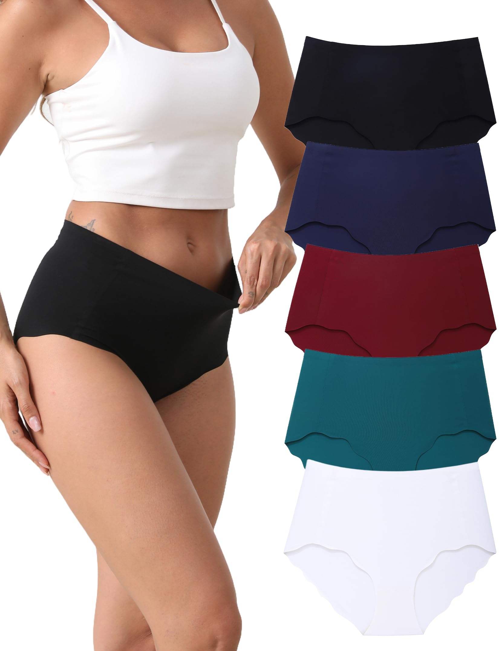 MCOWOD Women's Briefs Underwear, Seamless High Waisted Underwear, No Show Panties, Invisible under Clothes, Silk Crotch, Size M, Multicolor, 5-Pack