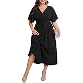SHESTARR Womens Plus Size Wrap V Neck Dress Short Flutter Sleeve Pleated Empire Waist Ruffle A Line Maxi Long Dresses