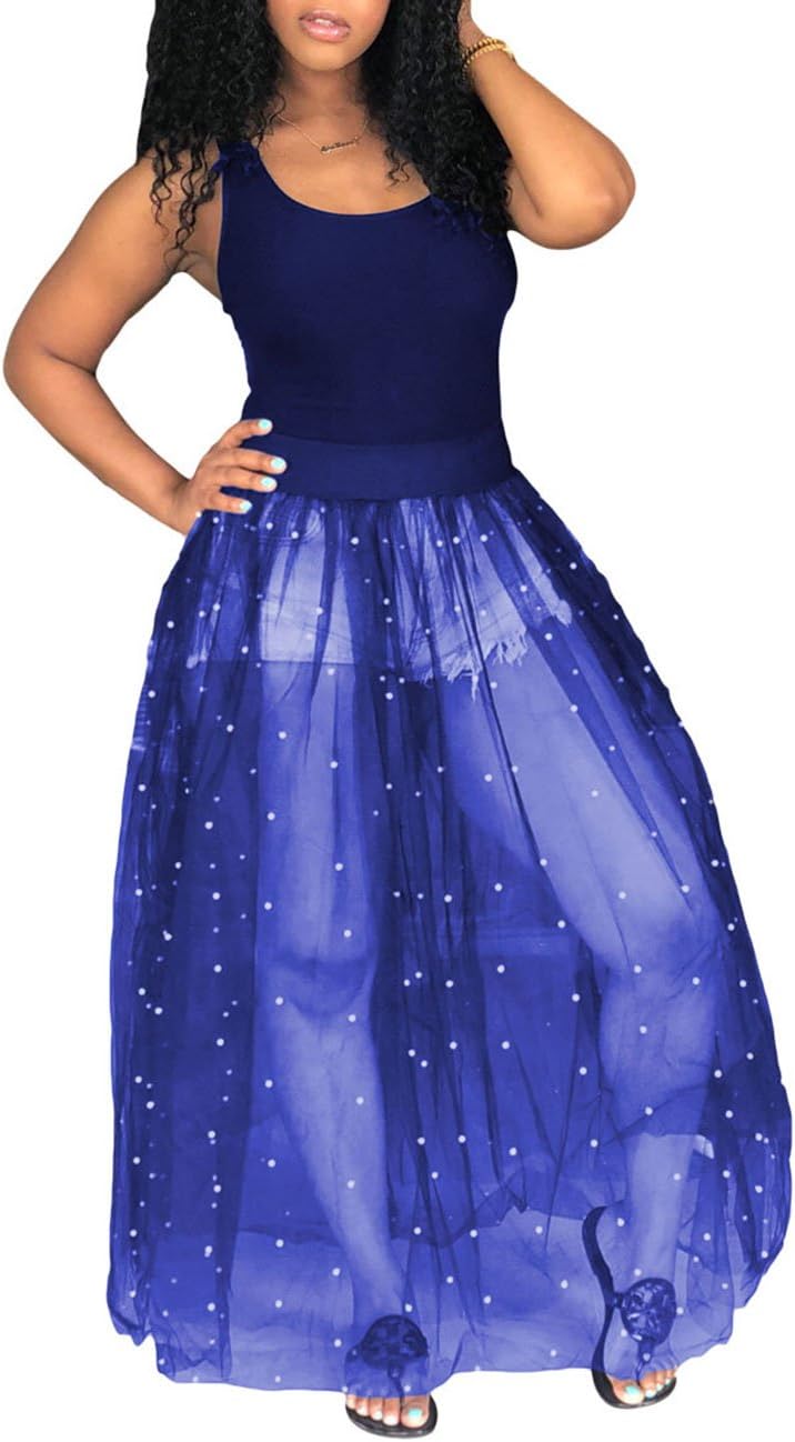 Akmipoem Women's Sheer Mesh Maxi Dress Sleeveless See Through Perl Beading Swing Long Tank Dresses