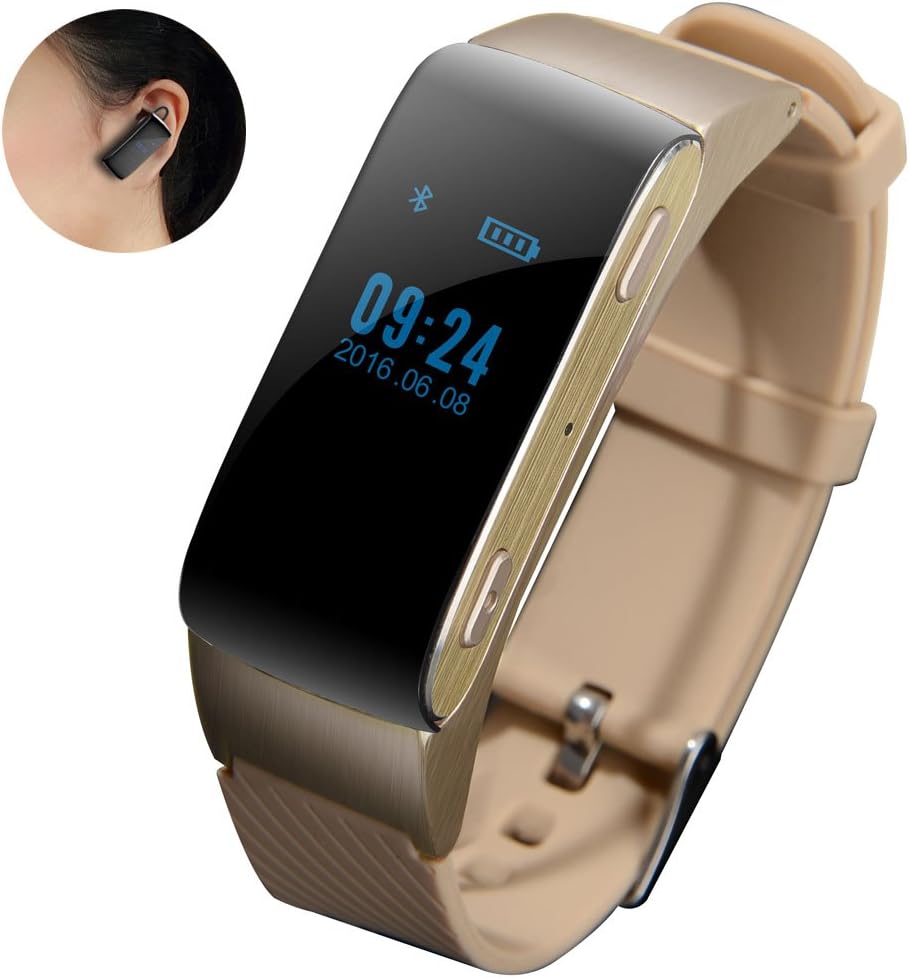 Bluetooth Headset Earphone Smartwatch, AFYOU Waterproof Touch Screen Smart Bracelet Fitness Tracker Pedometer Anti-theft Looking Phone for iPhone Android Smartphones (Gold)