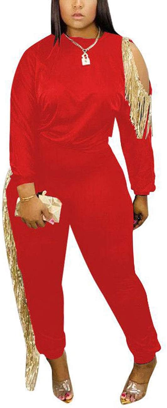 Womens 2 Piece Tracksuit Tassel Cold Shoulder Long Sleeve Pullover Top Skinny Pants Set