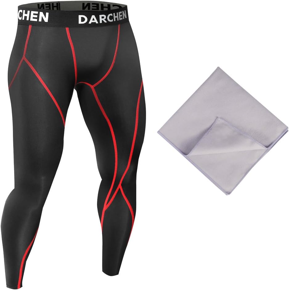 DARCHEN Men's Compression Pants Black Workout Pants Cropped Leggings Cool Dry Base Layer with Quick Dry Towel