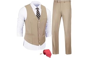 JPF Men's 2 Piece Slim Fit Suit Set, Solid Vest and Pants Suit for Men with Tie