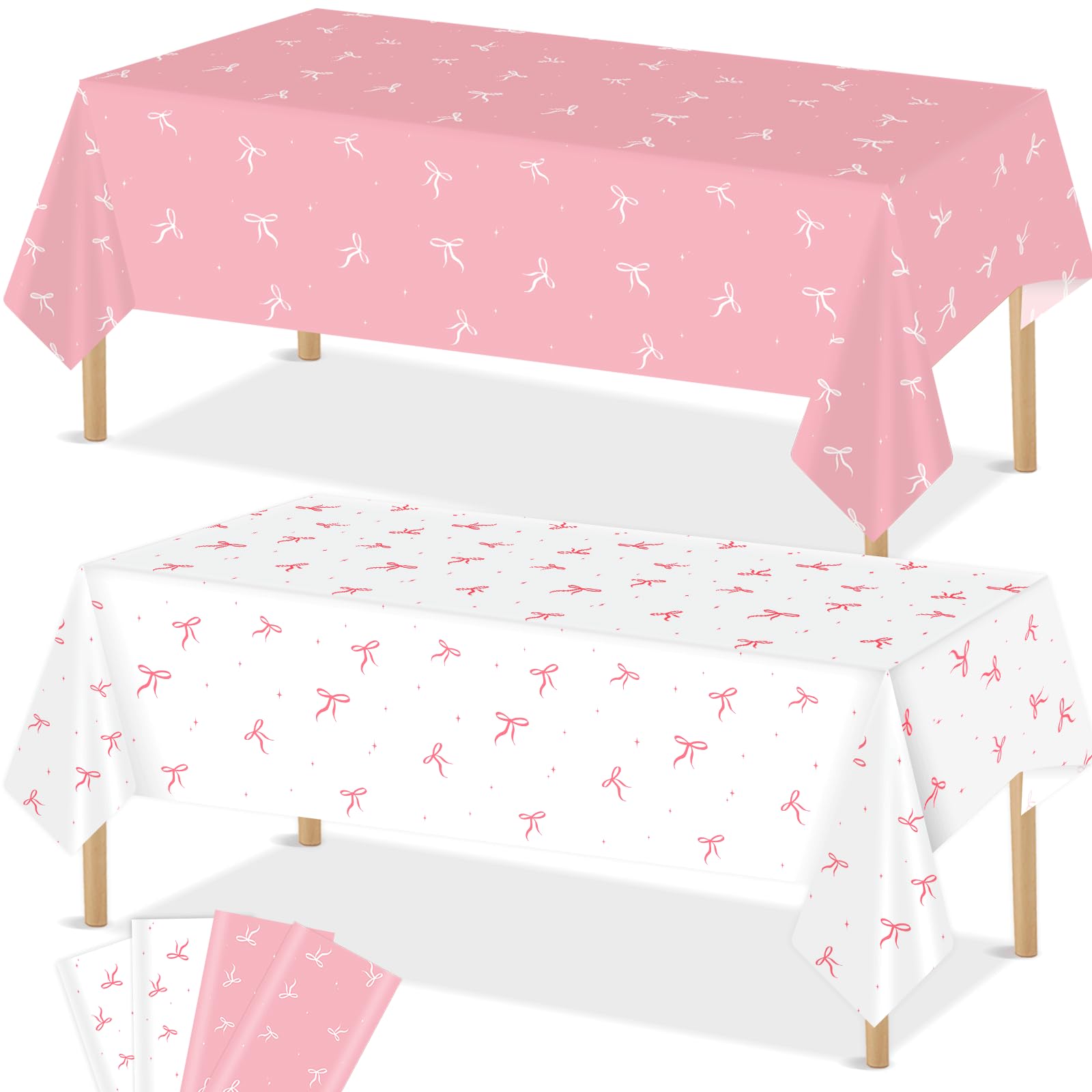 Photo 1 of 4 Pieces Pink Bow Tablecloths Theme Tablecover for Birthday Party, Girl Bachelorette, Bridal Baby Shower, Coquette Party - Plastic Disposable Rectangle Table Covers Decorations Supplies