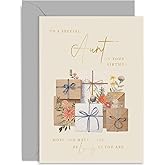 Old English Co. Special Aunt Birthday Card - Modern Birthday Card for Aunt - Floral Pattern Wrapped Gifts Design with Gold Foil - Birthday Gift for Aunt - Birthday Cards for Her | Blank Inside