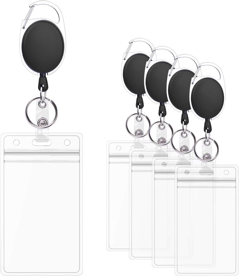 TownTrek Retractable Badge Holder Carabiner Badge Reel with Waterproof Vertical Card Pouch for ID Card Badge, Yoyo Reel with Back Belt Clip and Key Ring, Pack of 5