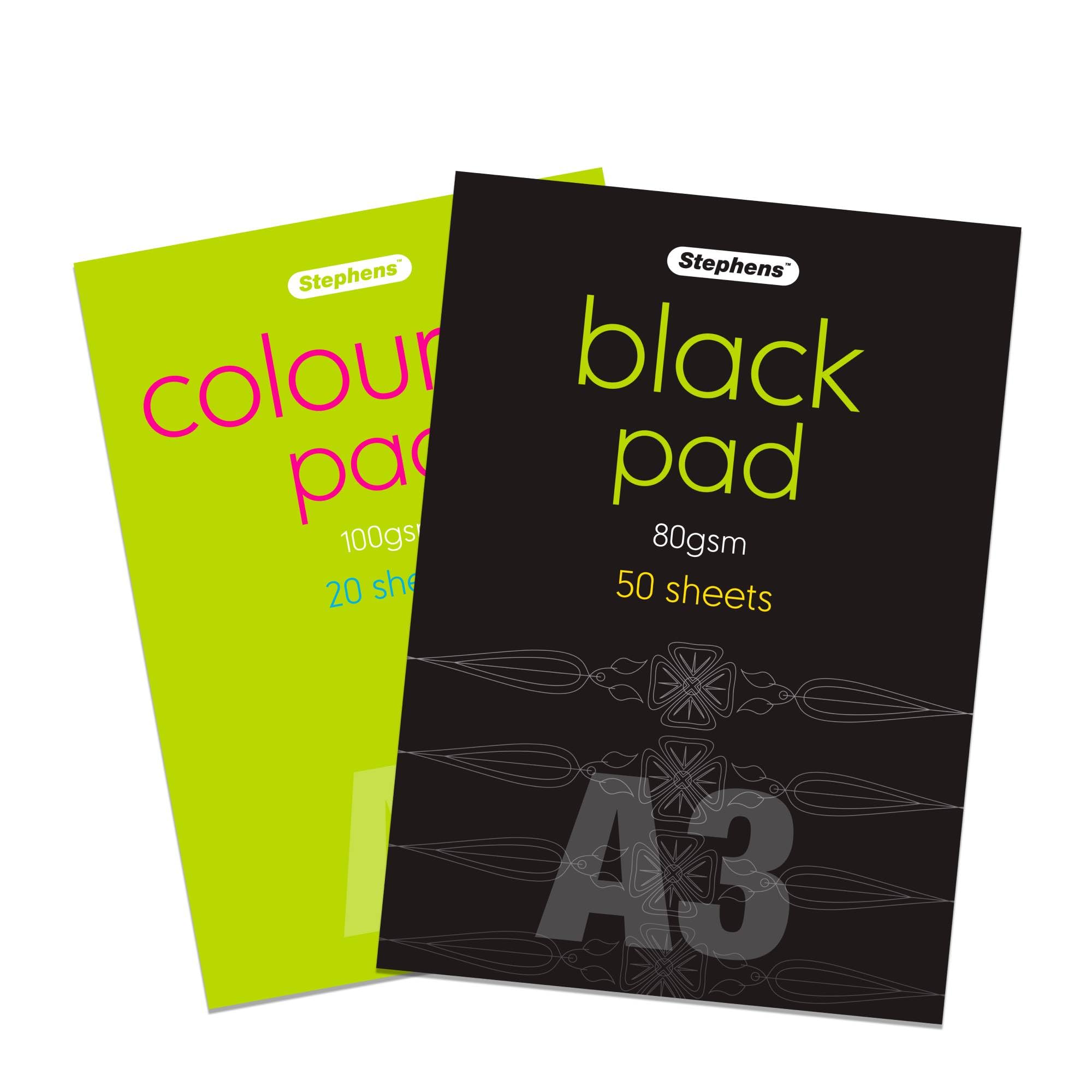 Stephens - A3 Bundle: Colored Pad (20 Sheets) and Black Pad (50 Sheets) for Sketching, Art, Craft Supplies, Home, School, Children, Presentation, Craft Box, Messy Play