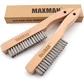 MAXMAN Wire Brush 2Pcs, 10" Stainless Steel Bristles, Rust &amp; Paint Remover | Heavy Duty Wire Brushes for Cleaning Rust, Stiff Bristle Metal Brush, Long Beech Handle, for Grill/Welding, Compact &amp; Sturdy