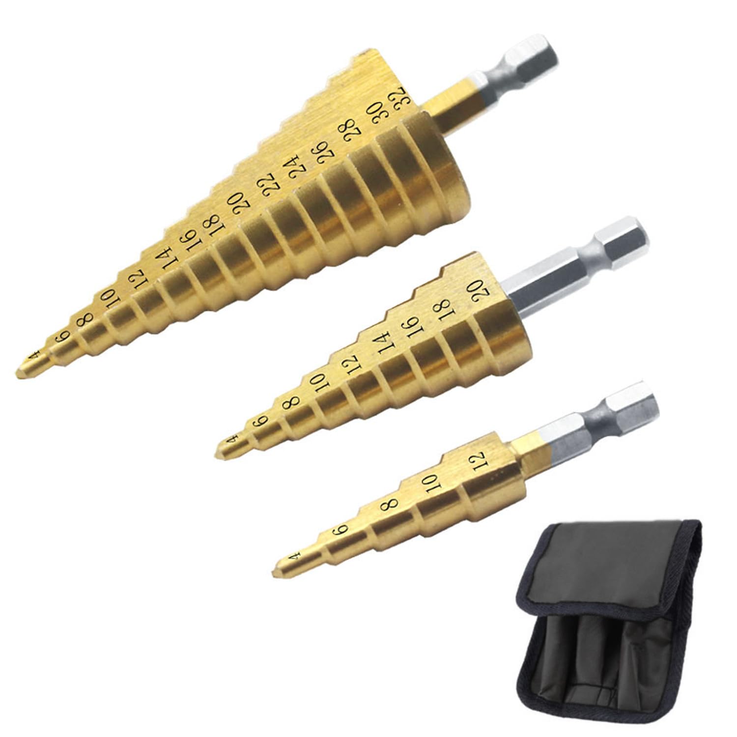 FUZVOL 3 PCS HSS Step Drill Bits,Drill Bit Set,High Speed Steel-4 to12/20/32 mm-Hex Shank Metric Drill Bits,Drill Bit Cone Hole Cutter Tools for Stainless Wood Metal Plastic Sheet