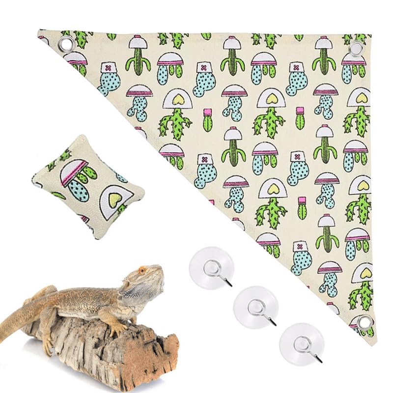 CQJ Bearded Dragon Hammock Swing Hanging Reptile Bed Lounger with Pillow Hooks & Suction for Large Small Bearded Dragons Geckos Lizards Snakes (Beige, 19 * 13in)