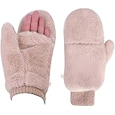 Piewag Winter Faux Fur Convertible Mittens for Women Girls Thermal Warm Half Finger Fingerless Gloves