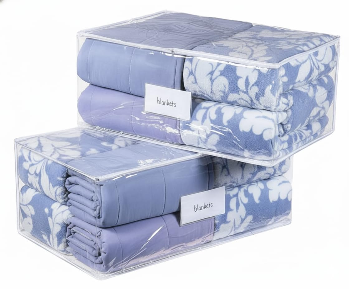Clear Blanket Storage Bag - Durable Vinyl Material Shields Contents from Dust, Dirt and Moisture. Gliding Zipper for Easy Access and Label Pocket for Identification. (2-Pack)