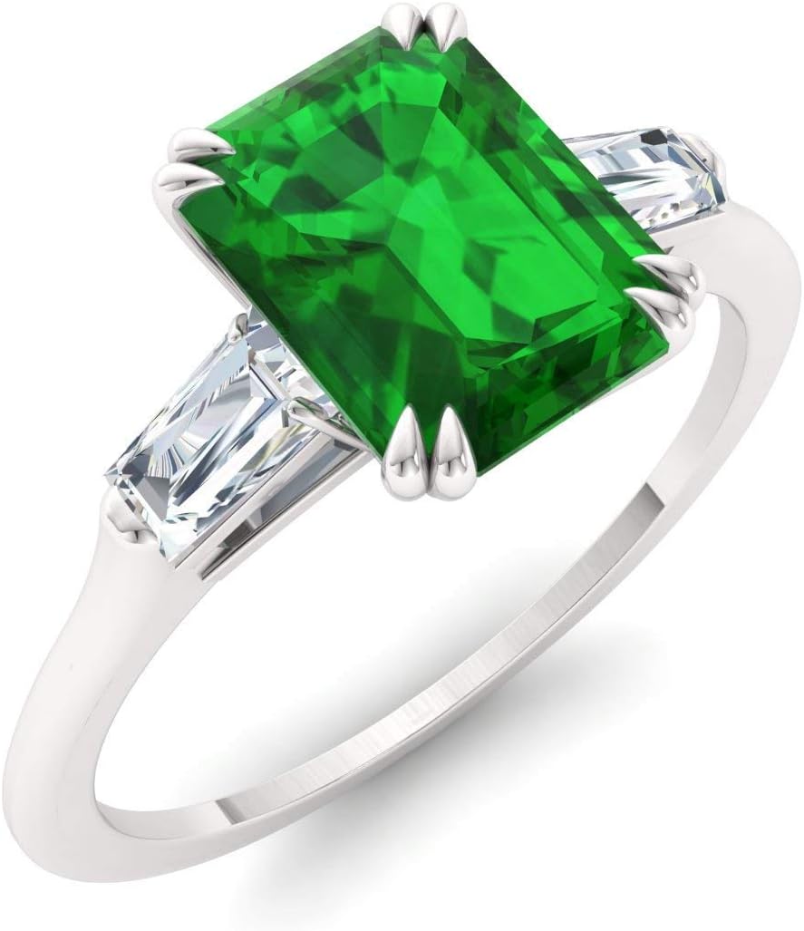 Natural and Certified Gemstone and Diamond Baguette Engagement Ring in 14K White Gold | 0.76 Carat Three Stone Petite Ring for Women, US Size 4 to 9