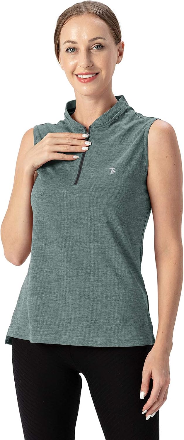 YSENTO Women's Dry Fit Tennis Golf Shirts Zip Up Sleeveless UPF 50+ Yoga Gym Workout Tops Shirts: Clothing