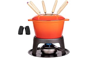 Mabeeze Cast Iron Fondue Set for Cheese, Chocolate or Meat - Includes Enameled 1.6 Qt Pot, 6 Fondue Forks, Burner, Stand, Base and Mitts