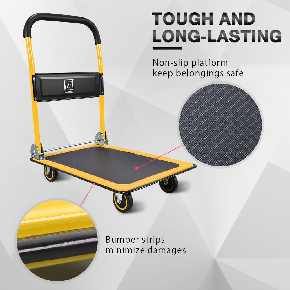 Push Cart Dolly by Wellmax, Moving Platform Hand Truck, Foldable for Easy Storage and 360 Degree Swivel Wheels with 330lb Weight Capacity, Yellow Color: Home Improvement