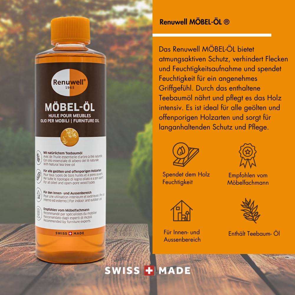 Renuwell Möbel-Öl Leinöl-Firnis, 270 ml – Natürliches Pflegeöl für Holz mit Leinöl und Teebaumöl, Schutz für geölte und unbehandelte Holzoberflächen in Schweizer Qualität 3