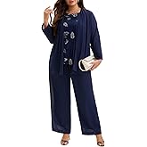 Plus Size Mother of The Bride Pant Suit 3 Piece Lace Set with Sequin Tank Elegant Wedding Guest Formal Outfit